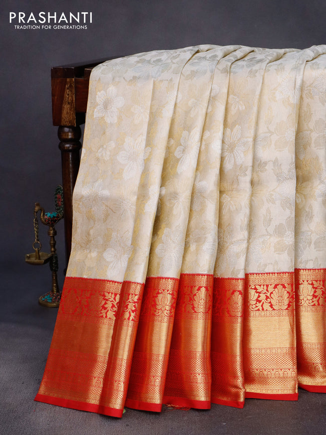 Pure kanchipuram tissue silk saree off white and red with allover zari woven brocade weaves and long zari woven border