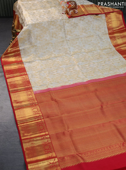 Pure kanchipuram tissue silk saree off white and red with allover zari woven brocade weaves and long zari woven border