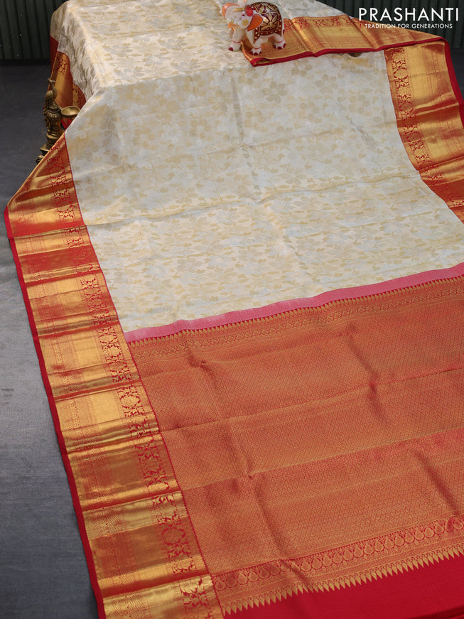 Pure kanchipuram tissue silk saree off white and red with allover zari woven brocade weaves and long zari woven border