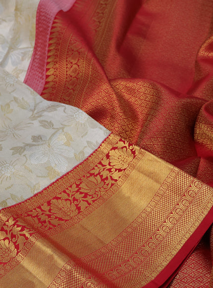 Pure kanchipuram tissue silk saree off white and red with allover zari woven brocade weaves and long zari woven border