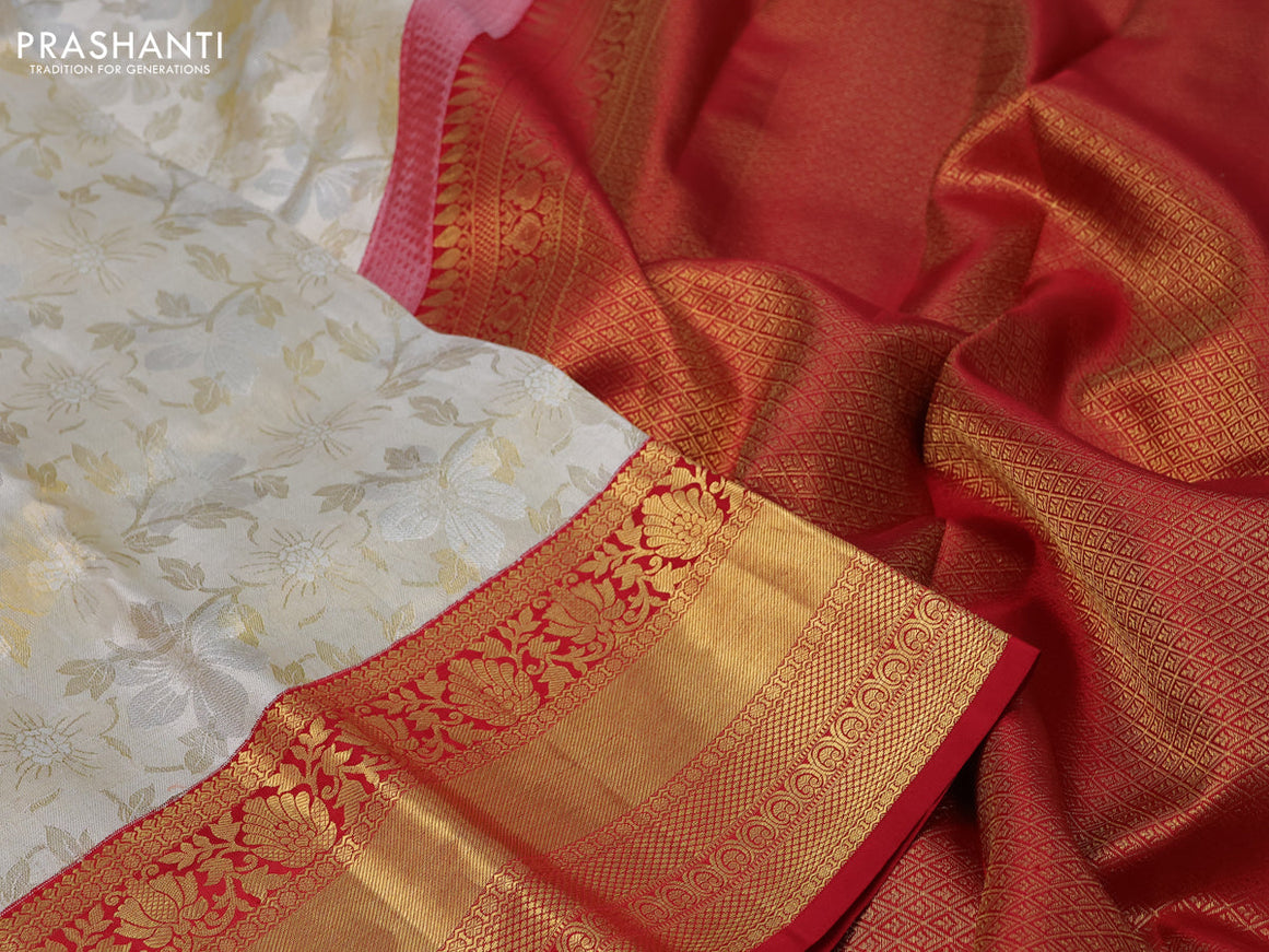 Pure kanchipuram tissue silk saree off white and red with allover zari woven brocade weaves and long zari woven border