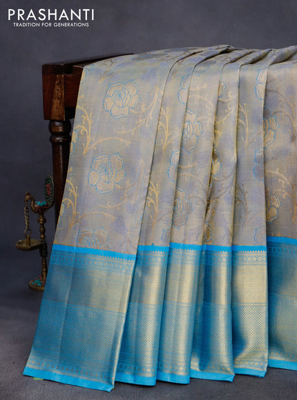 Pure kanchipuram tissue silk saree grey and light blue with allover zari woven brocade weaves and long zari woven border