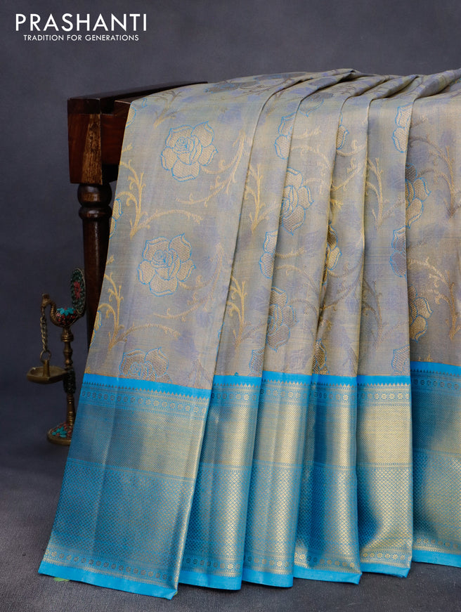 Pure kanchipuram tissue silk saree grey and light blue with allover zari woven brocade weaves and long zari woven border