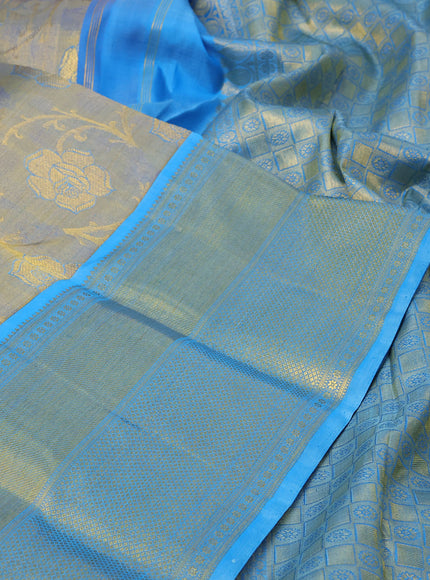 Pure kanchipuram tissue silk saree grey and light blue with allover zari woven brocade weaves and long zari woven border