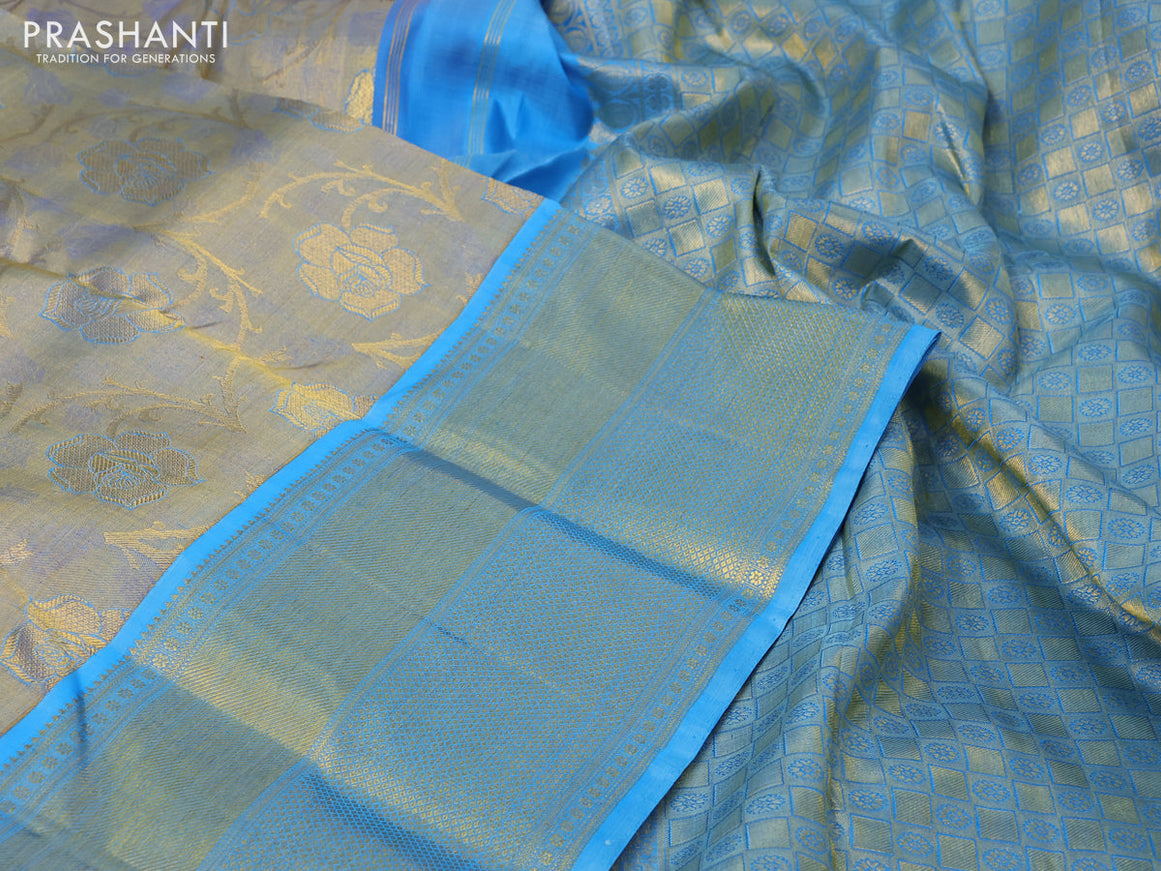 Pure kanchipuram tissue silk saree grey and light blue with allover zari woven brocade weaves and long zari woven border