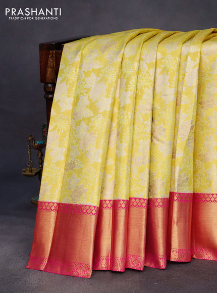 Pure kanchipuram tissue silk saree lime yellow and pink with allover zari woven brocade weaves and zari woven border