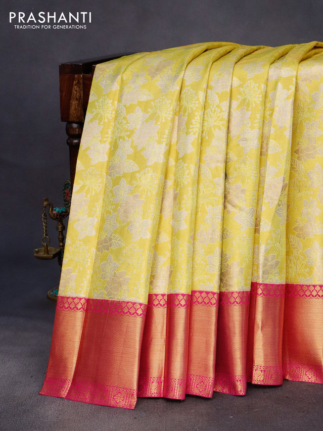 Pure kanchipuram tissue silk saree lime yellow and pink with allover zari woven brocade weaves and zari woven border