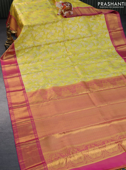 Pure kanchipuram tissue silk saree lime yellow and pink with allover zari woven brocade weaves and zari woven border