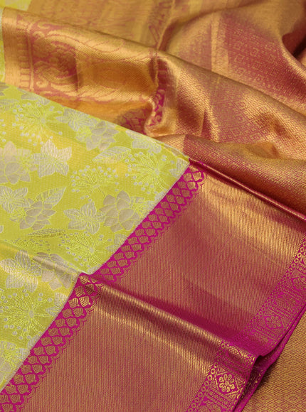 Pure kanchipuram tissue silk saree lime yellow and pink with allover zari woven brocade weaves and zari woven border