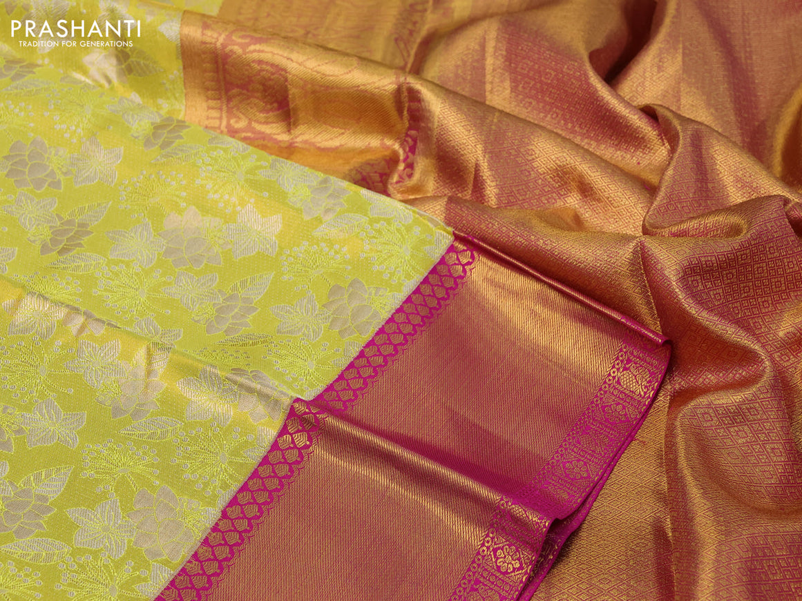 Pure kanchipuram tissue silk saree lime yellow and pink with allover zari woven brocade weaves and zari woven border