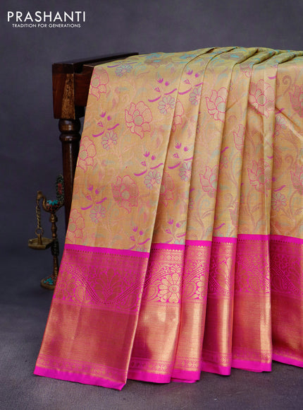 Pure kanchipuram tissue silk saree gold and pink with allover zari woven brocade weaves and long zari woven border