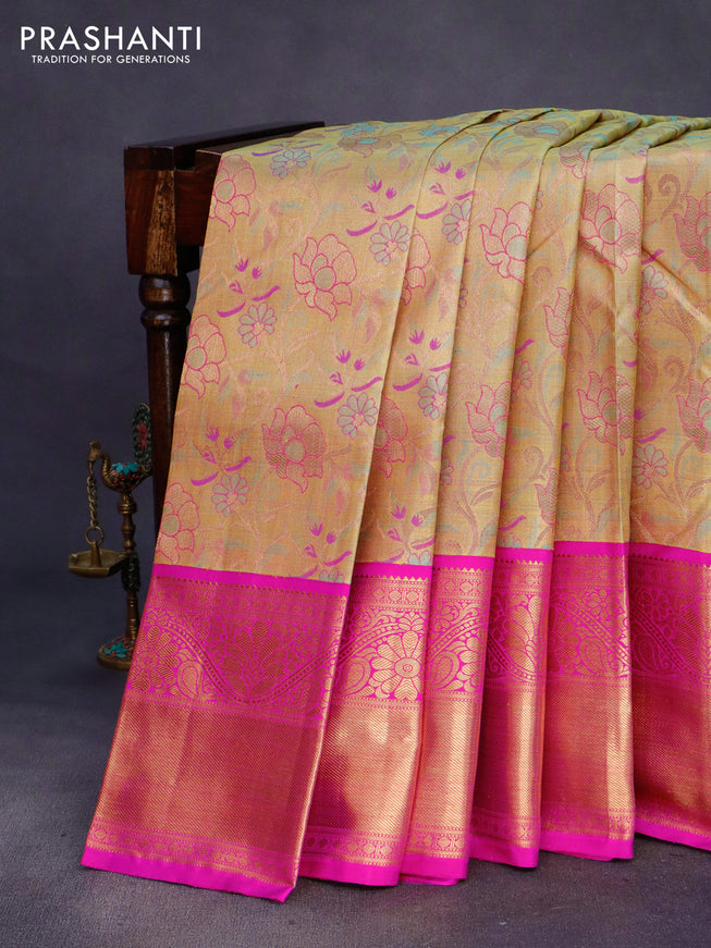 Pure kanchipuram tissue silk saree gold and pink with allover zari woven brocade weaves and long zari woven border