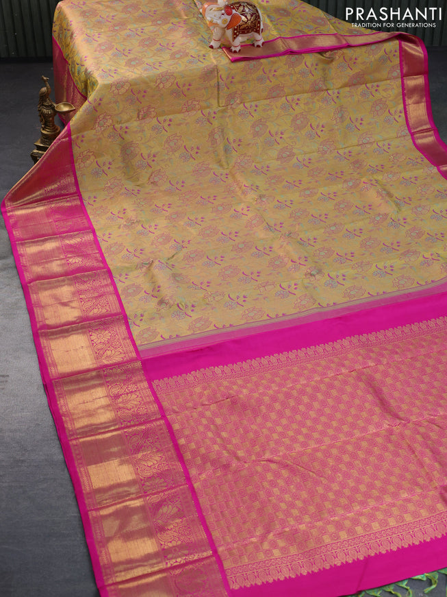 Pure kanchipuram tissue silk saree gold and pink with allover zari woven brocade weaves and long zari woven border