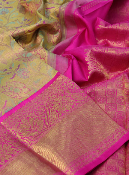 Pure kanchipuram tissue silk saree gold and pink with allover zari woven brocade weaves and long zari woven border