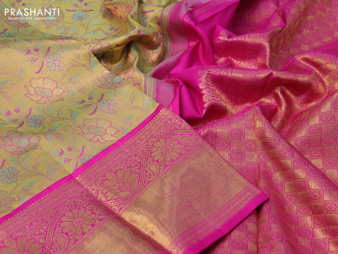 Pure kanchipuram tissue silk saree gold and pink with allover zari woven brocade weaves and long zari woven border