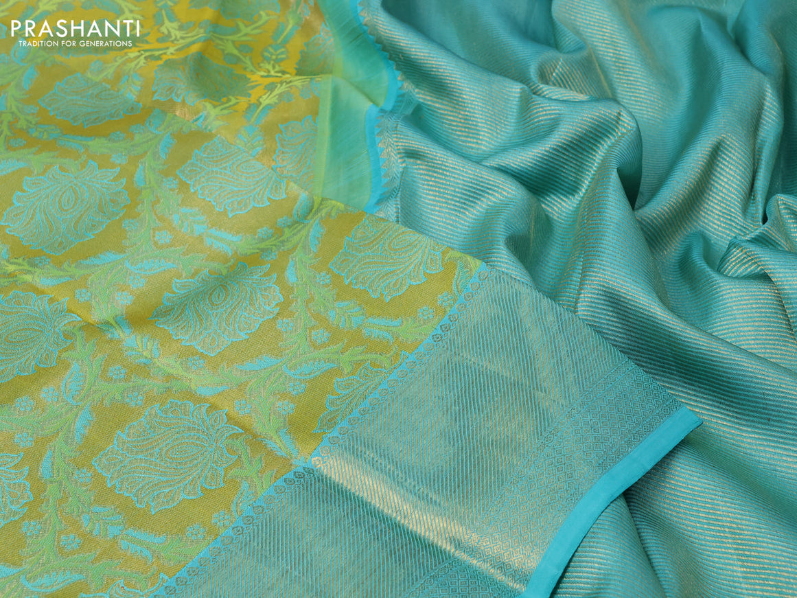 Pure kanchipuram tissue silk saree yellow and teal blue with allover zari woven brocade weaves and zari woven border