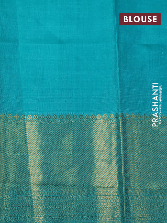 Pure kanchipuram tissue silk saree yellow and teal blue with allover zari woven brocade weaves and zari woven border