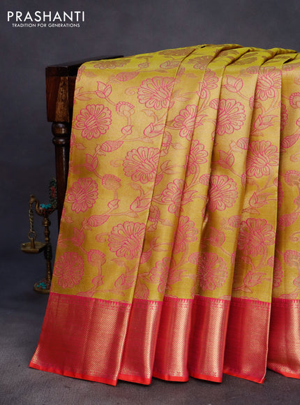 Pure kanchipuram tissue silk saree yellow and dual shade of pink with allover zari woven brocade weaves and zari woven border