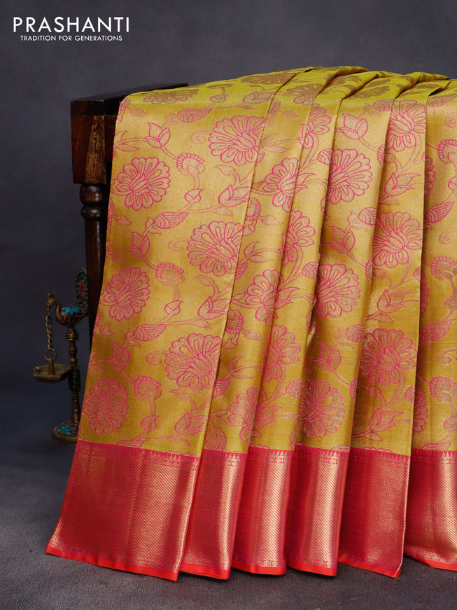 Pure kanchipuram tissue silk saree yellow and dual shade of pink with allover zari woven brocade weaves and zari woven border