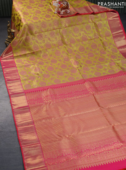 Pure kanchipuram tissue silk saree yellow and dual shade of pink with allover zari woven brocade weaves and zari woven border