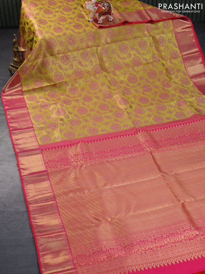 Pure kanchipuram tissue silk saree yellow and dual shade of pink with allover zari woven brocade weaves and zari woven border