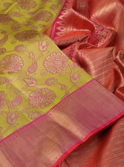 Pure kanchipuram tissue silk saree yellow and dual shade of pink with allover zari woven brocade weaves and zari woven border