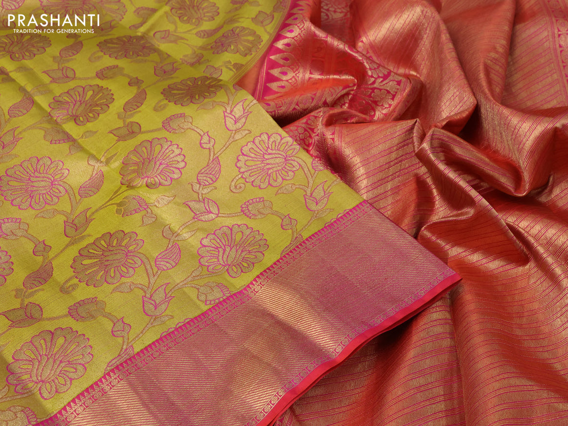 Pure kanchipuram tissue silk saree yellow and dual shade of pink with allover zari woven brocade weaves and zari woven border