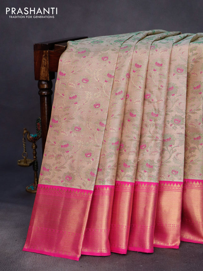 Pure kanchipuram tissue silk saree grey and pink with allover zari woven brocade weaves and zari woven border