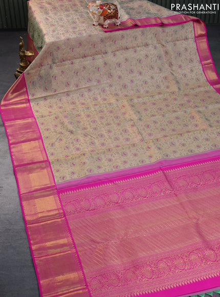 Pure kanchipuram tissue silk saree grey and pink with allover zari woven brocade weaves and zari woven border