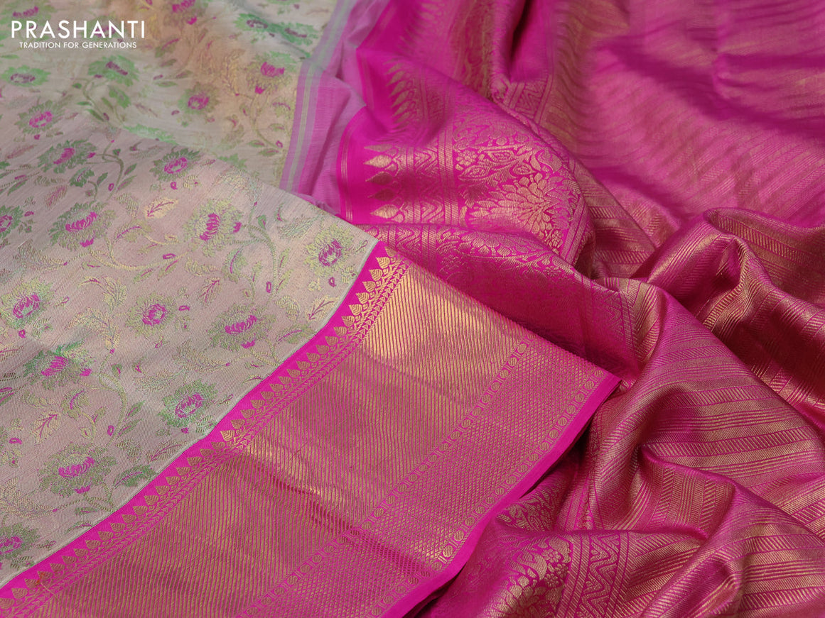 Pure kanchipuram tissue silk saree grey and pink with allover zari woven brocade weaves and zari woven border