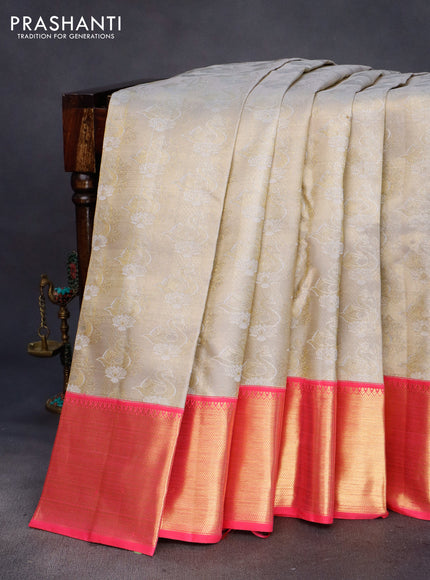 Pure kanchipuram tissue silk saree grey and pink with allover zari woven brocade weaves and zari woven border