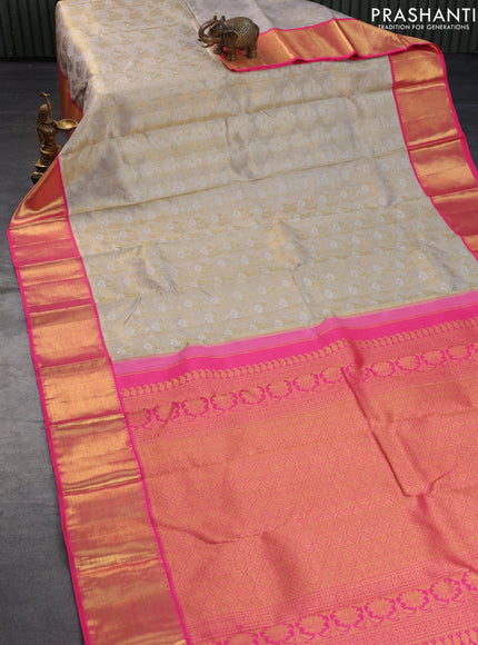 Pure kanchipuram tissue silk saree grey and pink with allover zari woven brocade weaves and zari woven border