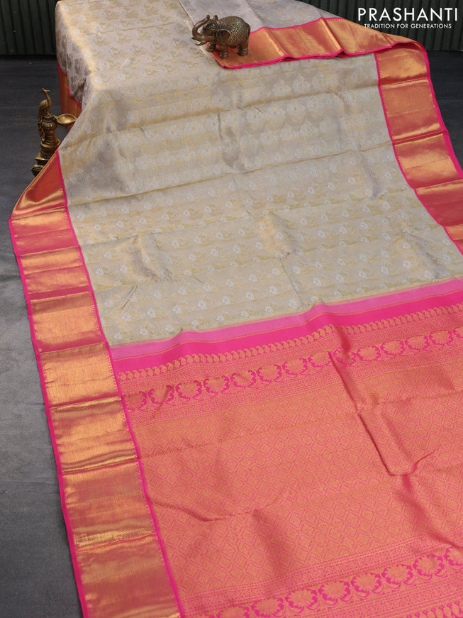 Pure kanchipuram tissue silk saree grey and pink with allover zari woven brocade weaves and zari woven border