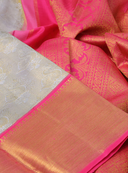 Pure kanchipuram tissue silk saree grey and pink with allover zari woven brocade weaves and zari woven border