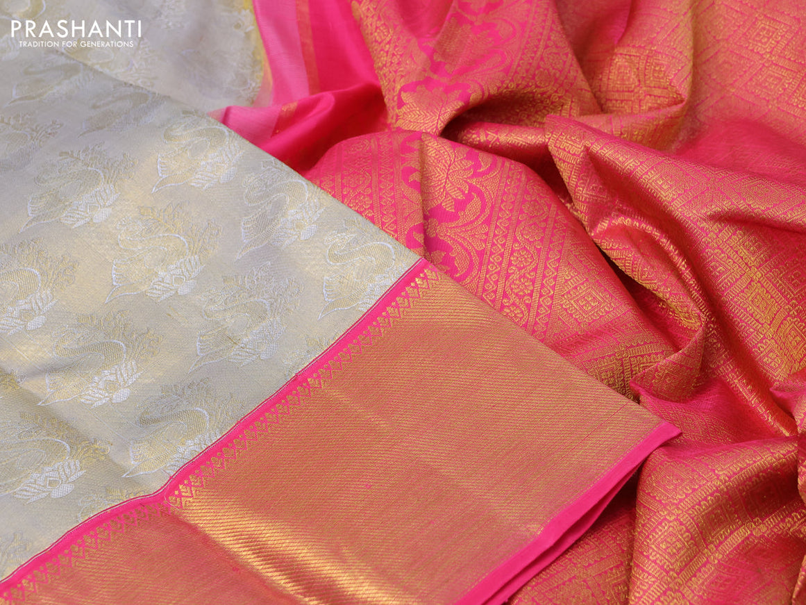 Pure kanchipuram tissue silk saree grey and pink with allover zari woven brocade weaves and zari woven border