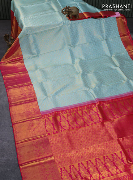 Pure kanchipuram silk saree light blue and dual shade of pink with allover zari woven brocade weaves and long annam zari woven border