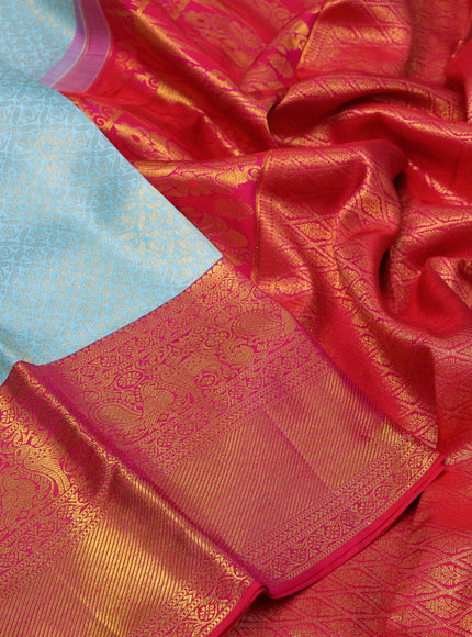 Pure kanchipuram silk saree light blue and dual shade of pink with allover zari woven brocade weaves and long annam zari woven border