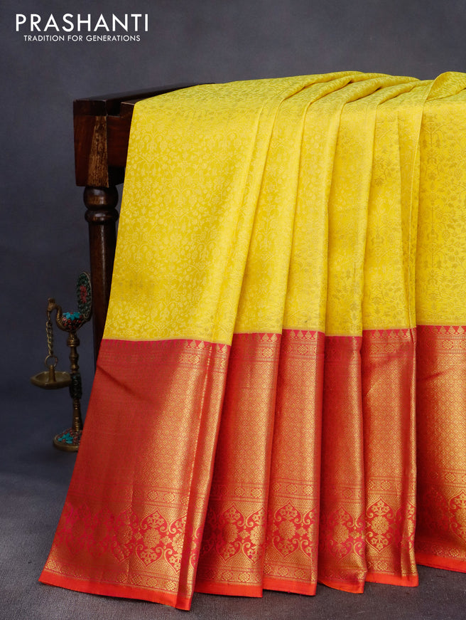 Pure kanchipuram silk saree yellow and dual shade of orange with allover zari woven brocade weaves and long rich zari woven border