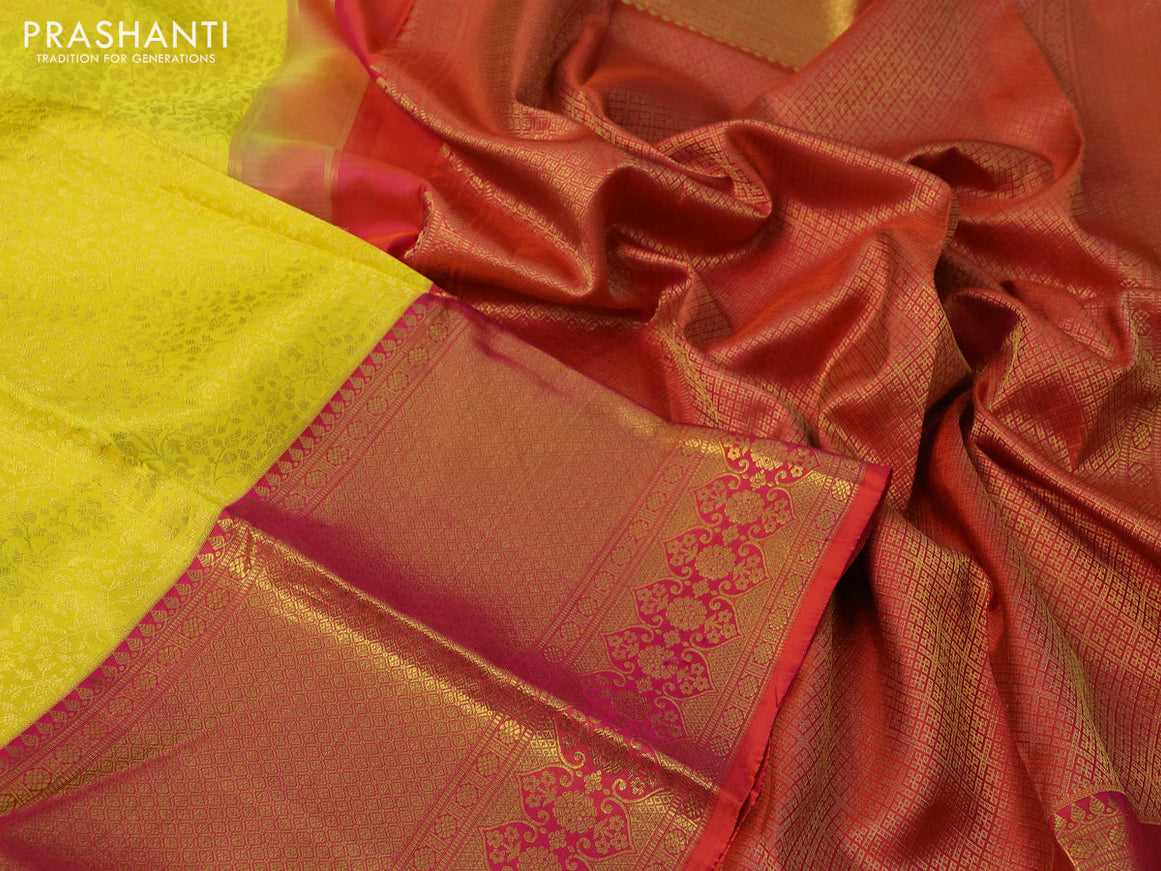 Pure kanchipuram silk saree yellow and dual shade of orange with allover zari woven brocade weaves and long rich zari woven border