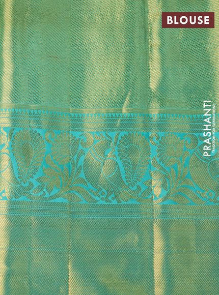 Pure kanchipuram tissue silk saree gold and teal blue with allover zari woven brocade weaves and long rich zari woven border