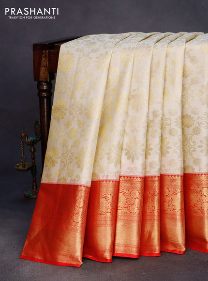 Pure kanchipuram silk saree cream and red with allover zari woven brocade weaves and rich zari woven border