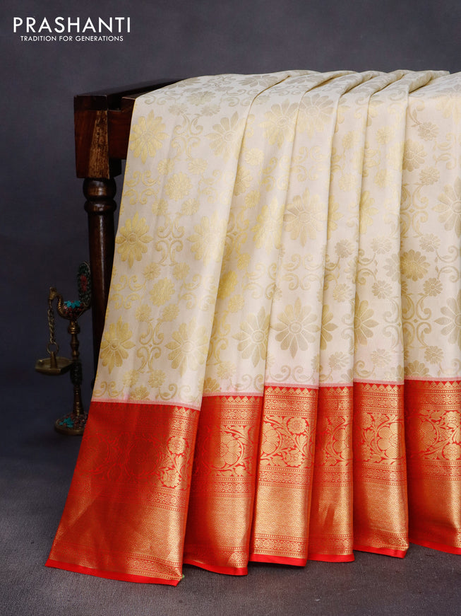 Pure kanchipuram silk saree cream and red with allover zari woven brocade weaves and rich zari woven border