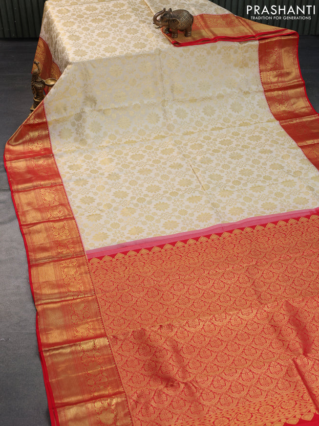 Pure kanchipuram silk saree cream and red with allover zari woven brocade weaves and rich zari woven border