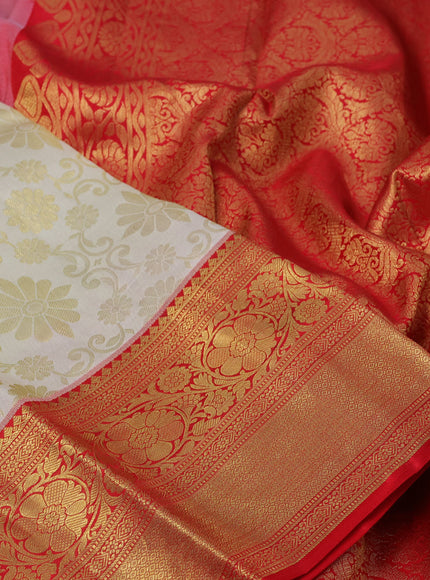 Pure kanchipuram silk saree cream and red with allover zari woven brocade weaves and rich zari woven border