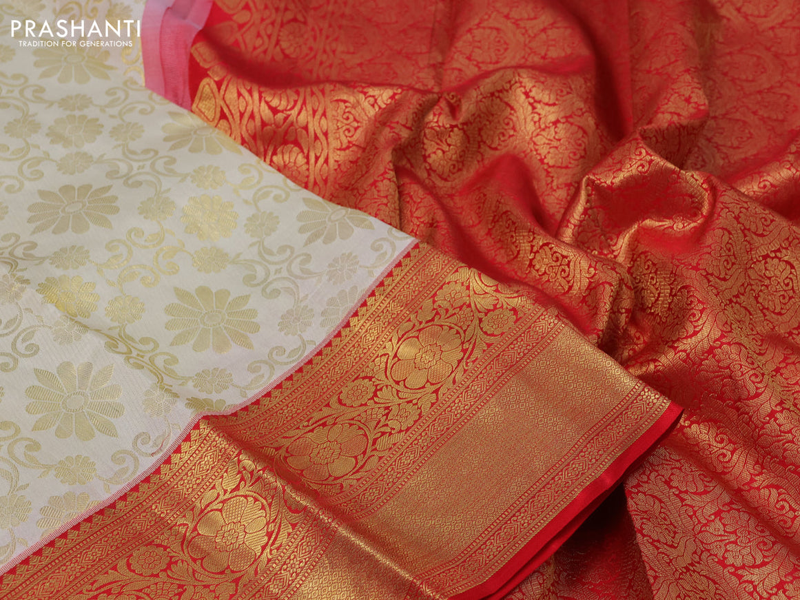 Pure kanchipuram silk saree cream and red with allover zari woven brocade weaves and rich zari woven border