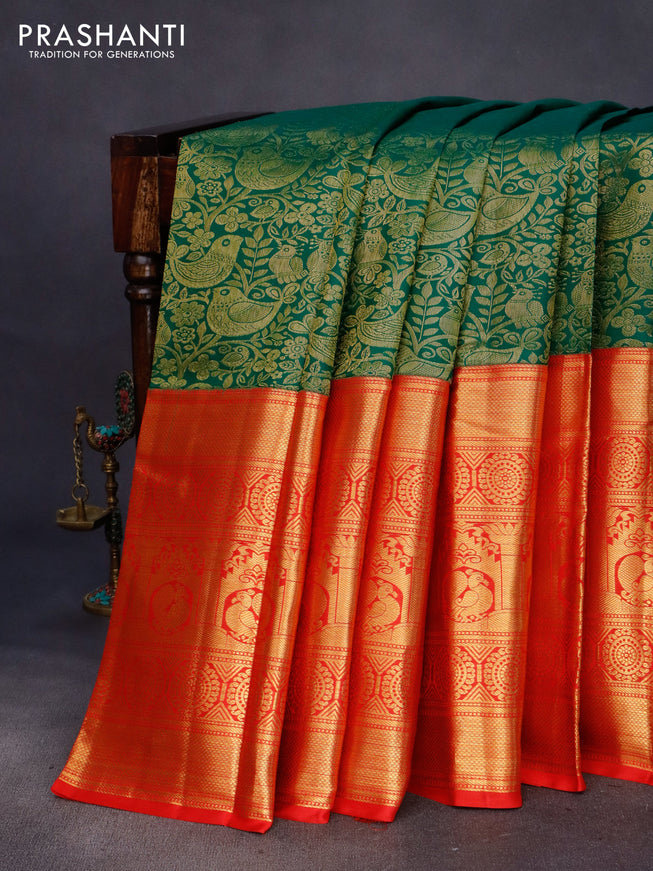 Pure kanchipuram silk saree green and red with allover zari woven brocade weaves and long rich zari woven border