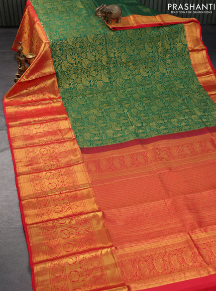 Pure kanchipuram silk saree green and red with allover zari woven brocade weaves and long rich zari woven border