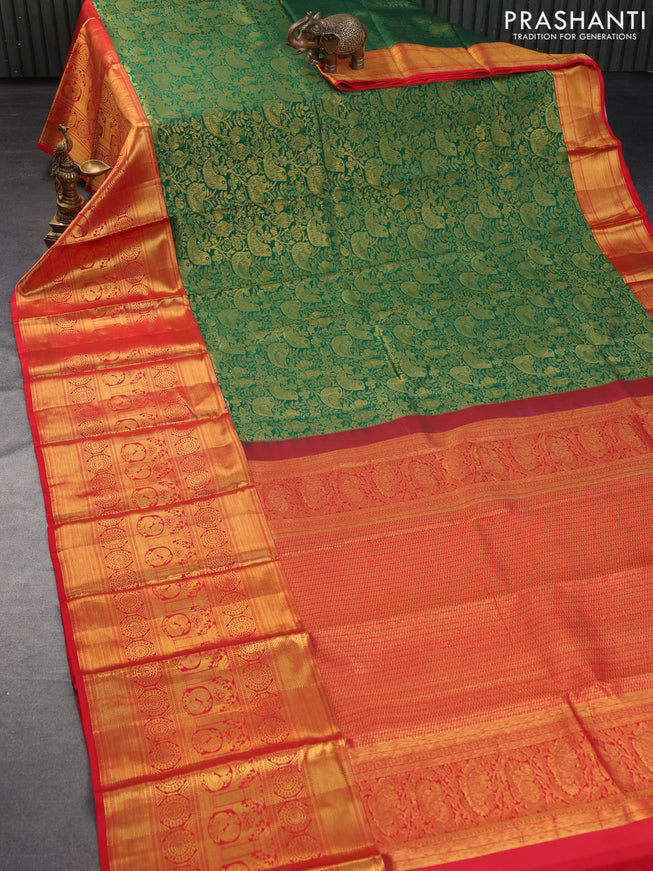 Pure kanchipuram silk saree green and red with allover zari woven brocade weaves and long rich zari woven border