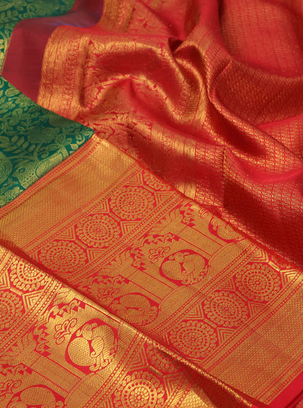 Pure kanchipuram silk saree green and red with allover zari woven brocade weaves and long rich zari woven border