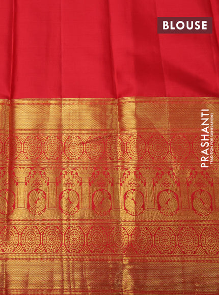 Pure kanchipuram silk saree green and red with allover zari woven brocade weaves and long rich zari woven border